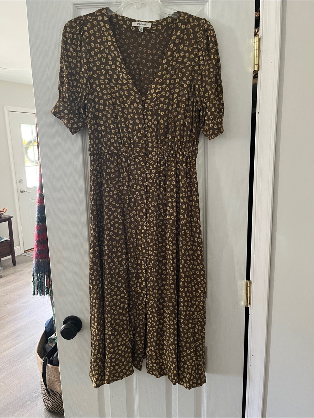 Madewell Brown Olive Floral Midi Dress Woodcut Flowers